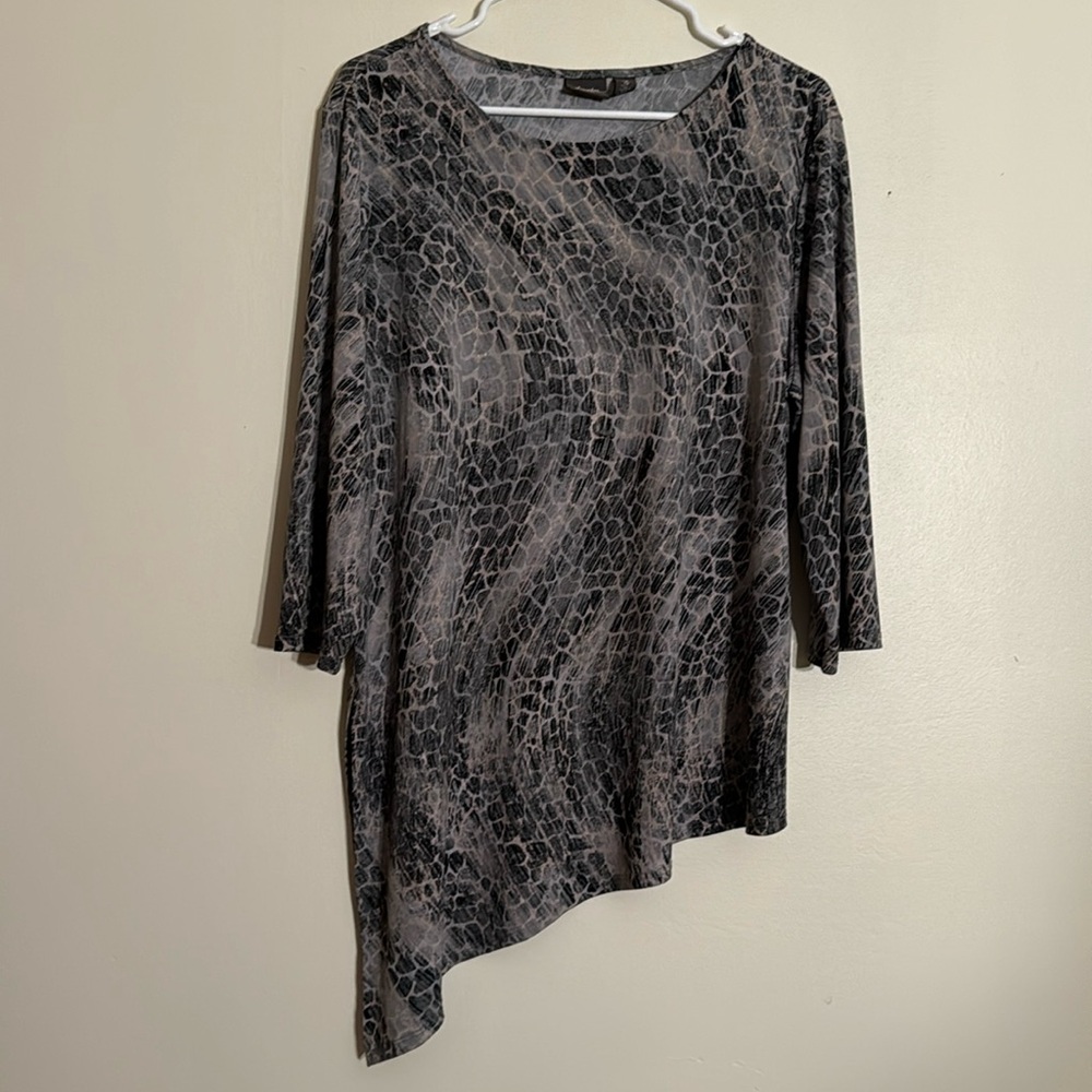 Chico's Asymmetrical Black Gray Animal-Print Blouse